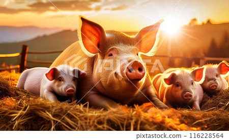 Close-up of a Sow Lying on Straw with her Piglets in the Stable - Generative Ai 116228564