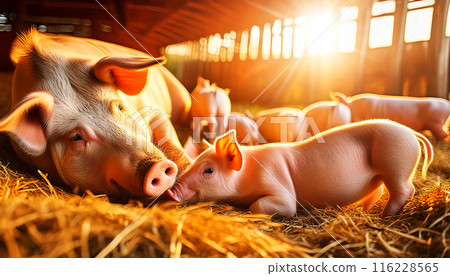 Close-up of a Sow Lying on Straw with her Piglets in the Stable - Generative Ai 116228565