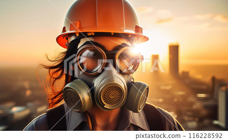 Close-up of a Woman in Gas Mask Witnessing an Environmental Disaster - Generative Ai 116228592