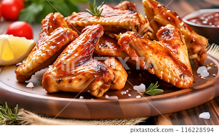 Close-up of a Wooden Cutting Board with Grilled Chicken Wings - Generative Ai 116228594