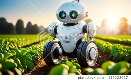 Close-up of an Agricultural Robot with Wheels in a Cultivated Field - Generative Ai 116228617