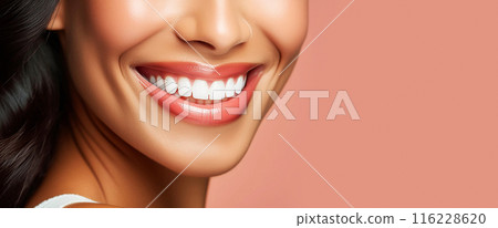 Close-up of Charming Female Smile with Dazzling White Teeth - Generative Ai 116228620