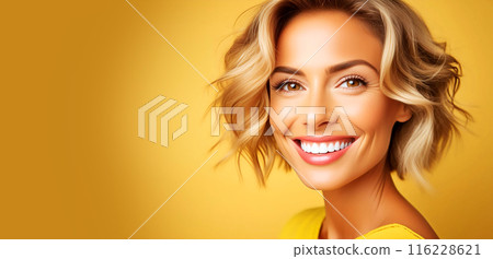 Close-up of Charming Female Smile with Dazzling White Teeth - Generative Ai 116228621
