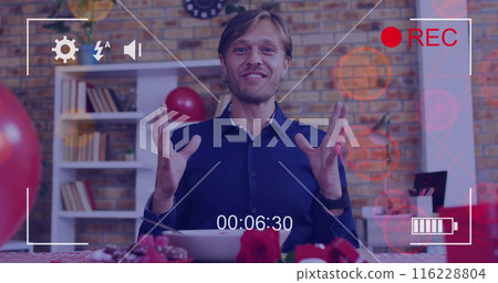 Image of icons and camera recording screen over caucasian man having online call Image of icons and camera recording screen over caucasian man having online call 116228804