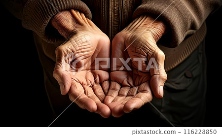 Close-Up of the Wrinkled Hands of an Elderly Man Against a Dark Background - Generative Ai 116228850