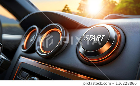 Closeup of Black Start Button on the Dashboard of a Modern Car - Generative Ai 116228866