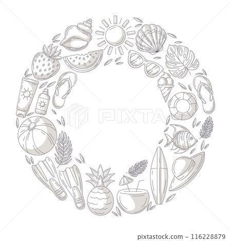 Summer holiday elements in round shape. Square card, monochrome gray beach accessories icons isolated on white, copy space in the middle. For poster, flyer, banner, invitation, social media. 116228879