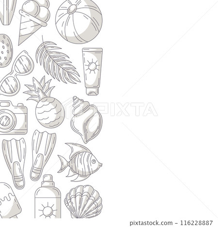 Summer square card, monochrome gray beach accessories icons. Side border frame, copy space, isolated on white. Summertime, holiday and vacation. For poster, flyer, banner, invitation, social media 116228887