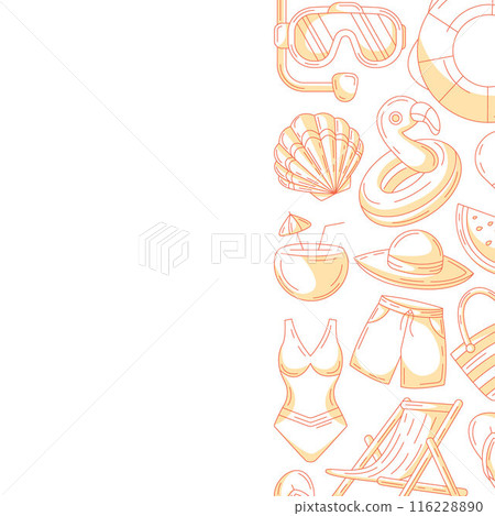 Summer square card, monochrome orange beach accessories icons. Side border frame, copy space, isolated on white. Summertime, holiday and vacation. For poster, flyer, banner, invitation, social media Summer square card, monochrome orange beach accessories icons. Side border frame, copy space, isolated on white. Summertime, holiday and vacation. For poster, flyer, banner, invitation, social media 116228890