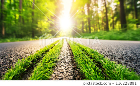 Diminishing Perspective of an Asphalt Road with Tire Tracks as Green Grass - Generative Ai 116228891
