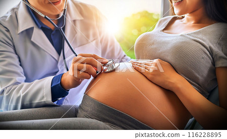 Doctor Listening Breath of Baby with Stethoscope in a Pregnant Female Abdomen - Generative Ai 116228895