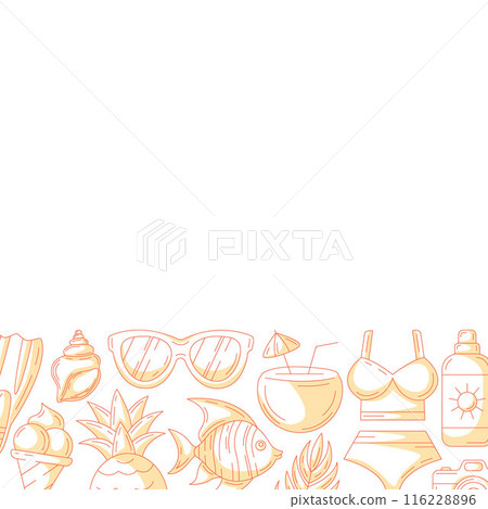 Summer square card, monochrome orange beach accessories icons. Bottom border frame, copy space, isolated on white. Summertime, holiday and vacation. For poster, flyer, banner, invitation, social media 116228896