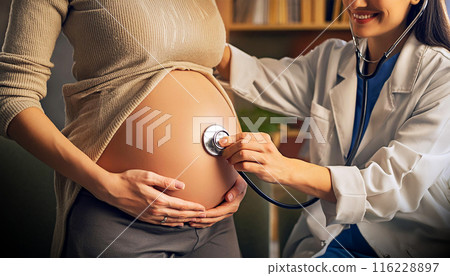 Doctor Listening Breath of Baby with Stethoscope in a Pregnant Female Abdomen - Generative Ai 116228897