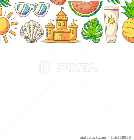 Summer square card with beach accessories icons. Top border frame and copy space, isolated on white. Summer vibes, enjoy every moment. For poster, flyer, banner, invitation, social media 116228900