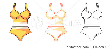 Womens summer beach two piece swimsuit, colorful and line icons set. Summer vector outline icon, monochrome and color illustration. Holiday and vacation, summertime. For logo, sticker, coloring book 116228903