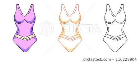 Womens summer beach one piece swimsuit, colorful and line icons set. Summer vector outline icon, monochrome and color illustration. Holiday and vacation, summertime. For logo, sticker, coloring book 116228904