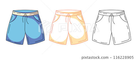 Mens summer beach swimming shorts, colorful and line icons set. Summer vector outline icon, monochrome and color illustration. Holiday and vacation, summertime. For logo, sticker, coloring book Mens summer beach swimming shorts, colorful and line icons set. Summer vector outline icon, monochrome and color illustration. Holiday and vacation, summertime. For logo, sticker, coloring book 116228905