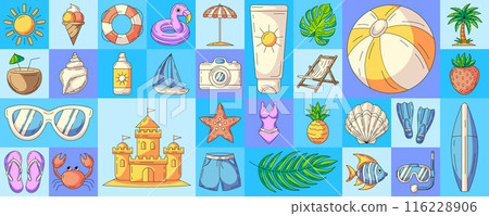 Geometric modern horizontal banner with summer beach colorful icons. Minimal abstract layout for poster, flyer, cover, brochure, party. Summer vector background, summertime fun concept Geometric modern horizontal banner with summer beach colorful icons. Minimal abstract layout for poster, flyer, cover, brochure, party. Summer vector background, summertime fun concept 116228906