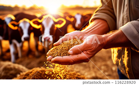 Farmer Holding Dry Granulated Food in Hand and Giving it to Cows - Generative Ai 116228920