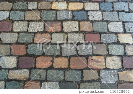 Old Stone Pavement Texture Background, Ancient Granite Cobblestone Road Pattern, Block Sidewalk 116228961