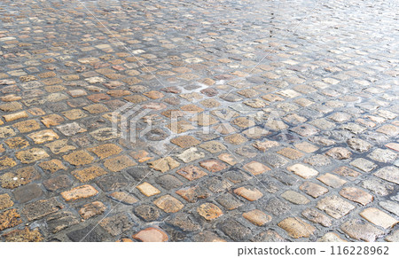 Old Stone Pavement Texture Background, Ancient Granite Cobblestone Road Pattern, Block Sidewalk 116228962