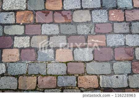 Old Stone Pavement Texture Background, Ancient Granite Cobblestone Road Pattern, Block Sidewalk 116228963