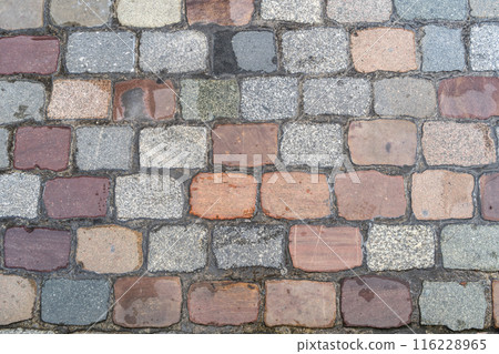 Old Stone Pavement Texture Background, Ancient Granite Cobblestone Road Pattern, Block Sidewalk 116228965