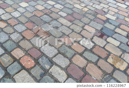 Old Stone Pavement Texture Background, Ancient Granite Cobblestone Road Pattern, Block Sidewalk 116228967