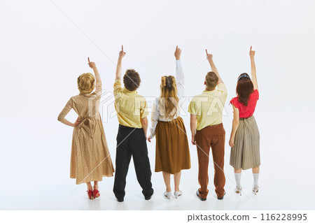 Five people, women and men, standing in row, facing and pointing upwards. Announcement, goals, news, excitement Five people, women and men, standing in row, facing and pointing upwards. Announcement, goals, news, excitement 116228995