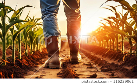 Farmer Walking at Organic Farm and Inspecting Growth of Maize Plants - Generative Ai Farmer Walking at Organic Farm and Inspecting Growth of Maize Plants - Generative Ai 116229061
