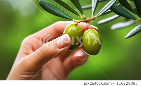 Female Hand Touching a Ripe Green Olive From an Olive Branch - Generative Ai 116229063