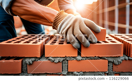Gloved Hands of a Bricklayer Laying a Clay Brick on Brick Wall Under Construction - Generative Ai Gloved Hands of a Bricklayer Laying a Clay Brick on Brick Wall Under Construction - Generative Ai 116229066
