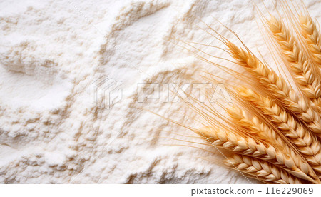 Golden Ears of Wheat on Top of White Flour with Copy Space - Generative Ai 116229069