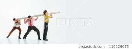 Three man in retro-style clothes carrying giant tube together isolated on white background, Teamwork, assistance and support of friends 116229075