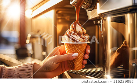Hand Holding a Cup of Twisted Ice Cream From Ice Cream Machine Dispenser - Generative Ai 116229095