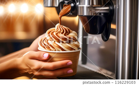 Hand Holding a Cup of Twisted Ice Cream From Ice Cream Machine Dispenser - Generative Ai 116229103