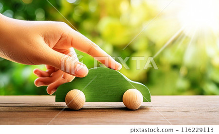 Hand of Man Playing with a Toy Green Wooden Vintage Car on Natural Green Background - Generative Ai Hand of Man Playing with a Toy Green Wooden Vintage Car on Natural Green Background - Generative Ai 116229113