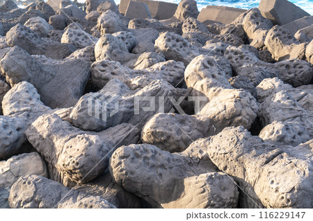 Coastal defenses tetrapods, breakwater concrete structures, wave breakers, shoreline protection 116229147
