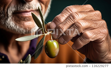 Male Hand Touching a Ripe Green Olive From an Olive Branch - Generative Ai 116229277