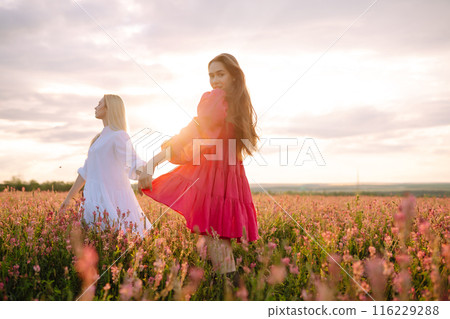 Two Beautiful woman in a field. Nature, fashion, vacation and lifestyle. 116229288