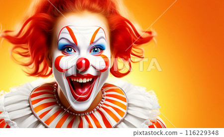 Portrait of a Screaming Female Clown on White Yellow-Orange Background - Generative Ai 116229348
