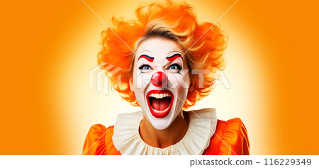 Portrait of a Screaming Female Clown on White Yellow-Orange Background - Generative Ai 116229349