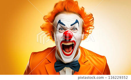 Portrait of a Screaming Male Clown on White Yellow-Orange Background - Generative Ai 116229352