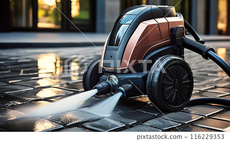 Pressure Water Jet Cleaning Machine on a Wet Cobblestone Pavement - Generative Ai 116229353
