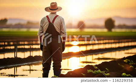 Rear View of a Farmer Looking at His Fields Flooded by the Flood - Generative Ai 116229358