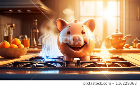 Smiling Piggy Bank Above a Kitchen Stove with Blue Flames Burning - Generative Ai 116229368