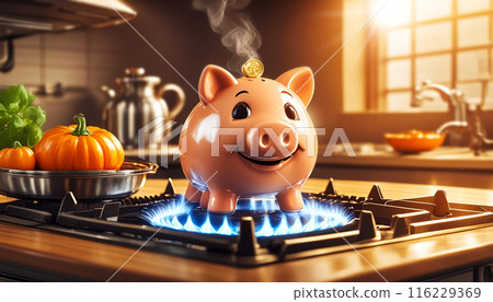 Smiling Piggy Bank Above a Kitchen Stove with Blue Flames Burning - Generative Ai 116229369
