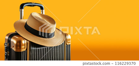 Suitcase or Luggage Bag With Straw Hat on a Yellow-Orange Background - Generative Ai 116229370