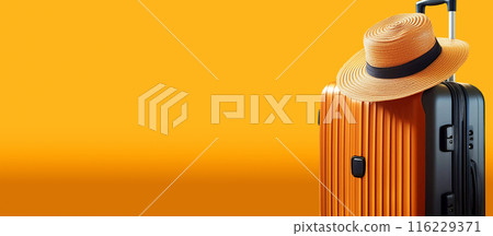 Suitcase or Luggage Bag With Straw Hat on a Yellow-Orange Background - Generative Ai 116229371