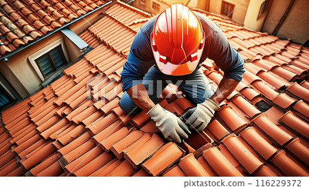 Top View of a Bricklayer Repairing the Broken Tiles of an Old Roof - Generative Ai 116229372